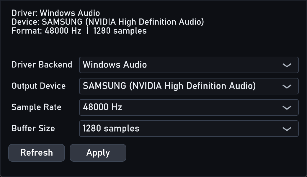 Native audio settings window