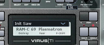 Virus Synth LCD showing preset information